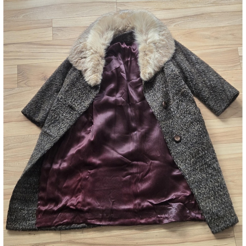 Vtg 60s 70s Wool Coat Real Fox Fur Collar Fall Winter Cozy Luxury ILGWU Gray - Picture 4 of 16